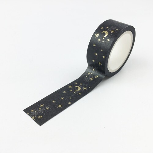 Black and Gold Celestial Moon & Star Pattern Washi Tape, Moon Zodiac Celestial Washi Tape, Star Washi Tape // BBB Supplies // R-FT002-15