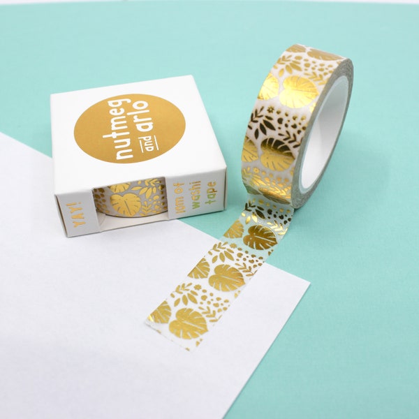 Gold Foil Monstera Leaf Pattern Washi Tape, Gold Foil Leaf Craft Tape, Monstera Palm Leaf Journaling Paper Tape | BBB Supplies | R-RNA-009