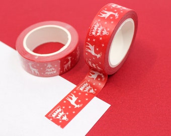 Holiday Red and White Reindeer and Pine Tree Pattern Washi Tape, White Christmas Tree with Deer Journal Tape | BBB Supplies | R-GH3-024