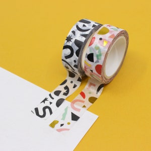 Moderna abstrakta slumpmässiga bohemiska konfettitejper, funky svartvit tejp med former, färgglad slumpmässiga prickar presentinslagning | BBB Supplies | R-RWP-001