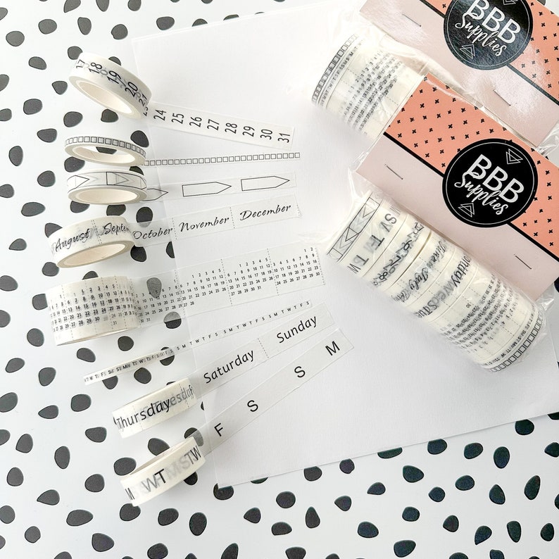 Black and White Calendar Collection, Month Washi Tape, Day Washi Tape, Calendar Washi, Planner Washi, To Do Washi // BBB SUPPLIES //R-ST020 image 1