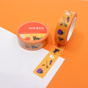 Playful Halloween Symbols Washi Tape, Including Black Cat, White Ghost, Skull, Bat, Witches Cauldron and Broom | BBB Supplies | R-RGW002H