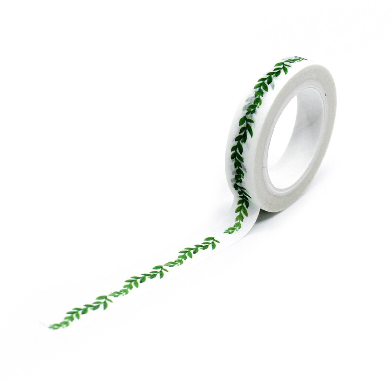 Thin wavy Green Leaf Border Washi Tape, Narrow Green branch Leaves Vine Pattern Adhesive Tape, Calendaring Tape BBB Supplies R-AL050-05 image 4