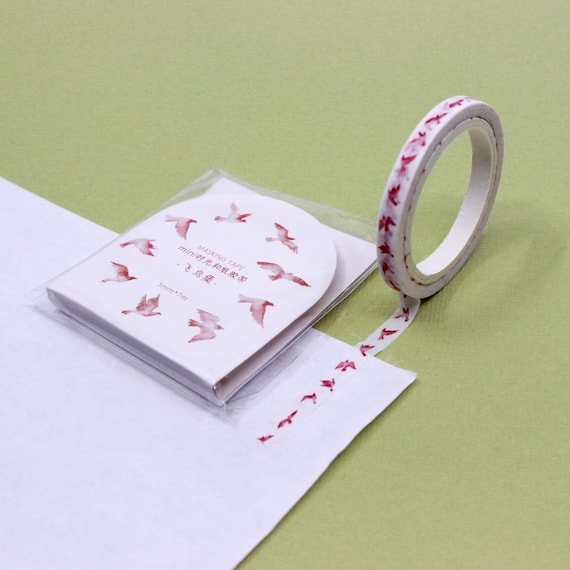 Thin Bird Border Washi Tape, Flying Red Sparrow Pattern Adhesive Paper Tape, Little Birds Craft Supplies | BBB Supplies | R-AL043-05