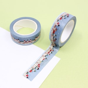Lovely Nordic Blue Snow Houses Pattern Washi Tape, Snowy European Winter Village Paper Tape, Journaling Tapes | BBB Supplies | R-GH1-047