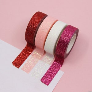 Taśma washi z brokatem walentynkowym, wybór taśmy washi z brokatem rubinowo-czerwonym, różowy brokat, biały brokat washi, magenta | BBB Supplies | R-AL087