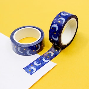 Blue Moon Pattern Washi Tape, Mystic Moon Washi, Gold Foil Crescent Moon Tapes, Celestial Symbols Planner Tapes | BBB Supplies | R-AL165