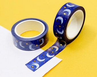 Blue Moon Pattern Washi Tape, Mystic Moon Washi, Gold Foil Crescent Moon Tapes, Celestial Symbols Planner Tapes | BBB Supplies | R-AL165