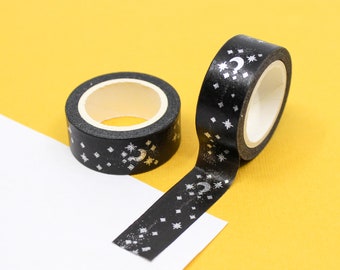 Black and Silver Celestial Moon & Star Pattern Washi Tape, Silver Foil Moon and Stars Washi Tape, Silver Zodiac | BBB Supplies | R-FT005