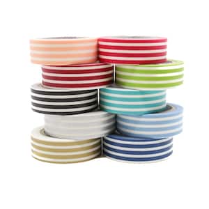 May include: A stack of colorful washi tape rolls. The rolls feature horizontal stripes in various colors, including peach, red, green, black, light blue, silver, gold, and navy blue. The tape is likely used for crafts, scrapbooking, or decorative purposes.
