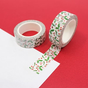 Nastro Washi con motivo agrifoglio verde e bacche rosse, nastro di carta di agrifoglio e bacche natalizie, confezione regalo artigianale per album / forniture BBB / R-GH3-025