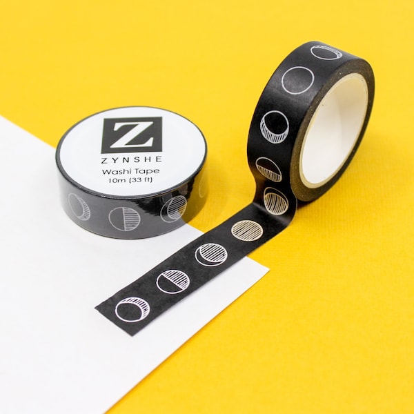 Black & White Moon Cycles Washi Tape, Black Celestial Zodiac Cycle Planner Tape, Full Moon Phase Lunar Paper Tape | BBB Supplies | R-RZS019