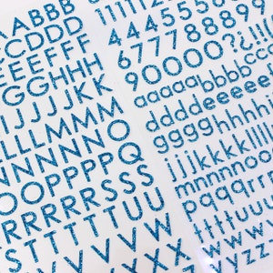 Pegatinas de números de letras de brillo azul turquesa, suministros de artesanía, pegatinas del alfabeto BUJO, pegatinas de letras de proyectos de artesanía / Suministros BBB / R-E016