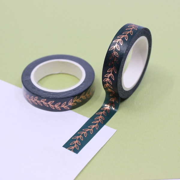 Narrow Gold Foil Branch Cluster Border Washi Tape, Green Gold Leaf Vine Tape, Sprig Grecian Leaf Vine Washi | BBB Supplies | R-AL057-05