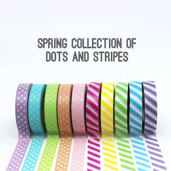 Solid Rainbow Pastel Dots and Stripes Washi Tape Set, Journaling Tape, Gift Wrapping Tape, Easter Rainbow Washi Set // Set of 10 // R-ST017