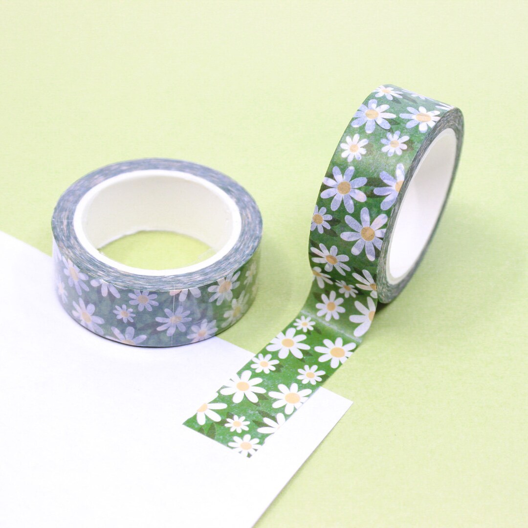 Playful Green Daisy Flower Washi Tape, Floral Pattern Washi Tape
