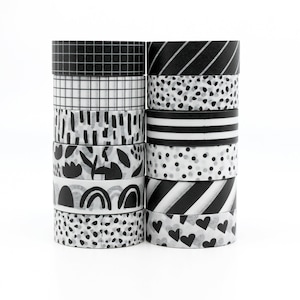 12 rouleaux de ruban adhésif washi à motif noir et blanc, Washi coeur arc-en-ciel, Washi à rayures, ruban quadrillé, Washi à pois modernes | FOURNITURES BBB | R-RZS001