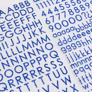 Conjunto de pegatinas de letras y números de brillo azul, suministros de artesanía, pegatinas del alfabeto BUJO, pegatinas de letras de proyectos de artesanía / Suministros BBB / R-E014