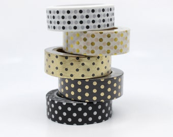 Black & Gold Dot Pattern Washi Tape, Black + white polka dots Pattern Washi, Gold foil Dots  // BBB Supplies // R-AL097