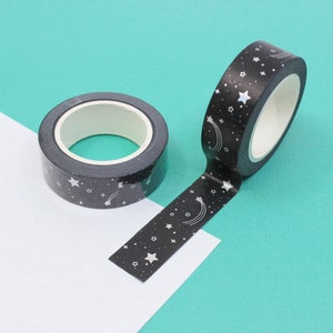 Schwarz & Silber Mond und Sterne Washi Tape, Silberfolie Sternschnuppen Tape, Kosmos Celestial Night Sky Washi Tapes | Zubehör | R-GH1-053
