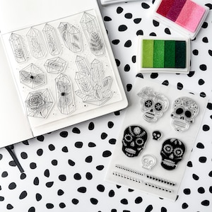 Dia de Muertos Stempel, Edelsteine oder Sugar Skulls Halloween Journal Stempel, Kristall Formationen Planer Kalender Stempel | AGB und Widerrufsbelehrung SP018