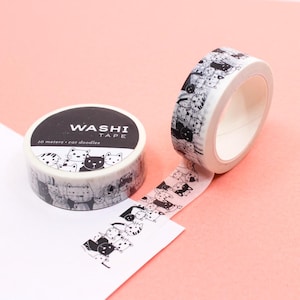 Black & White Cat Doodles Pattern Washi Tape, Adorable Kittens Washi Tape, Cute Cat Faces Pattern Journal Tape | BBB Supplies | R-RGW058