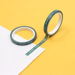 May include: Two rolls of washi tape with a dark green background and a repeating pattern of pink and green triangles. One roll is unspooled, revealing the patterned tape against a white surface and a yellow background.