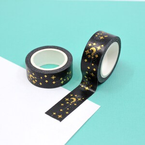 Black and Gold Celestial Moon & Star Pattern Washi Tape, Moon Zodiac Celestial Washi Tape, Gold Foil Star Washi | BBB Supplies | R-FT002