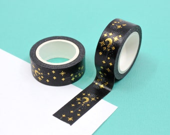 Black and Gold Celestial Moon & Star Pattern Washi Tape, Moon Zodiac Celestial Washi Tape, Gold Foil Star Washi | BBB Supplies | R-FT002