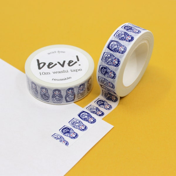Blue Matryoshka Doll Pattern Washi Tape, Jolly Nesting Doll Paper Tape, Cute Stacking Russian Tea Dolls Craft Tape | BBB Supplies | R-RBV003