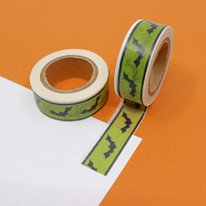 Zwart vleermuispatroon met neongroene achtergrond washitape, washitape Halloween vleermuizen, plannertapes voor randen | BBB-benodigdheden | R-ZH1500