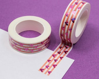 Pink Stripe with Pink Foil Hearts Washi Tape, Valentine's Day Hearts Love Craft Tape, Heart Foil Washi Tape  // BBB Supplies // R-GH4-004