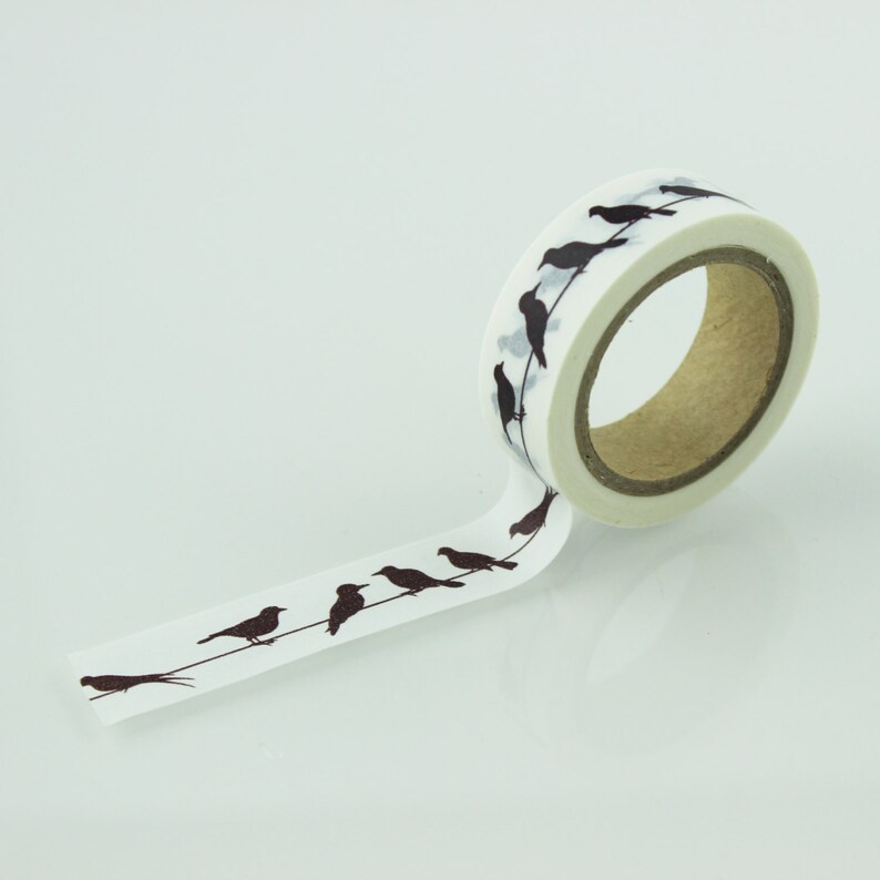 Black and White Bird on a Wire Washi Tape 15mm Paper Tape BBBsupplies {CR-W-P037}