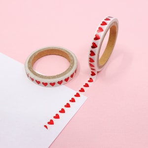 Red Foil Hearts Washi Tape, Red Heart Valentine's Paper Tapes, Valentine Journaling Spread Tape, Thin Boarder Washi | BBB Supplies | R-M454