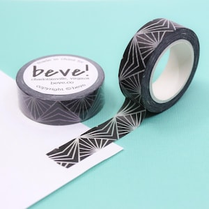 Czarno-biała taśma washi z geometrycznym wzorem, taśma papierowa retro sunburst, taśmy dziennikarskie art deco Ray of Light | BBB Supplies | R-RBV022
