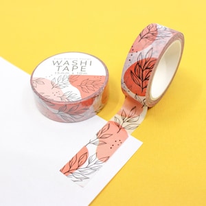 Washi tape moderne aux couleurs vives avec des feuilles roses, des vignes noires avec des taches de couleur, des feuilles fantaisistes pour le scrapbooking | Fournitures BBB | R-REB-002