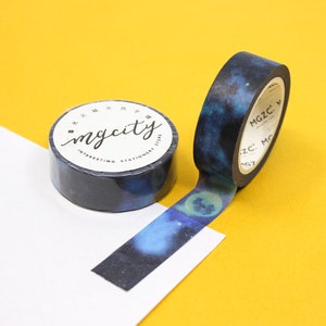 Fita Washi com padrão de mármore aquarela de céu noturno estrelado, fitas artesanais de céu azul, fita de papel de mármore azul e preto | Suprimentos BBB | R-FC006 {384}
