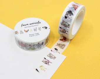 Schattige boerderijdieren Washi Tape, boerderijvarken, haan, kip, hond, kat papieren tapebenodigdheden. Baby boerderijdieren tape | BBB-benodigdheden | R-RPP019