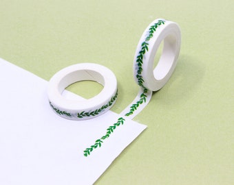 Thin wavy Green Leaf Border Washi Tape, Narrow Green branch Leaves Vine Pattern Adhesive Tape, Calendaring Tape | BBB Supplies | R-AL050-05