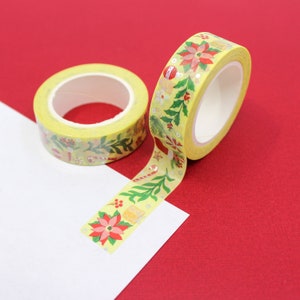 Cinta Washi de patrón de símbolos navideños alegres amarillos, cinta de papel de regalos y medias navideñas, cinta roja de acebo / Suministros BBB / R-GH3-026