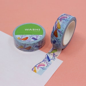 Blue Song Bird Pattern Washi Tape, Cute Love Birds Paper Tape, Winter Trees and Birds Washi, Animal Lover tapes | BBB Supplies | R-RGW020