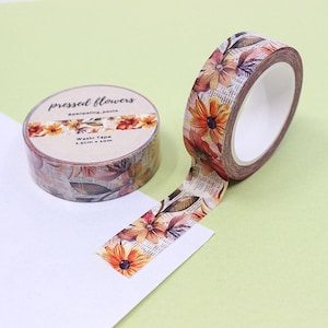 Cinta washi con flores prensadas, cinta de papel con flores de otoño, washi con flores de Acción de Gracias, cintas adhesivas para planificador con girasoles / BBB Supplies / R-RPP057