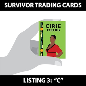 May include: A green trading card with a photo of Cirie Fields from Survivor. The card has a yellow and blue border with a pattern of fish.