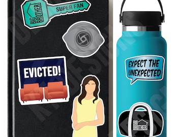 May include: A black notebook with stickers featuring the text "Big Brother", "Super Fan", "Evicted!" and an eye graphic. A blue water bottle with a white sticker featuring the text "Expect the Unexpected" and a black and white "Big Brother" logo.