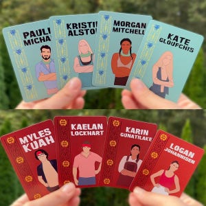 May include: A collection of illustrated cards featuring stylized portraits and names. The top row of cards has a teal background, while the bottom row is red. The cards are held in hands, with the names Pauli Micha, Kristi Alsto, Morgan Mitchell, Kate Gloufchis, Myles Kuah, Kaelan Lockhart, Karin Gunatilake, and Logan Johannisen.