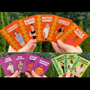 May include: A collection of colorful playing cards featuring illustrations of people and names. The cards are orange, purple, and green, with decorative borders. The names include Chrissy Sarnowsky, David Kinne, Mitch Guerra, and others.