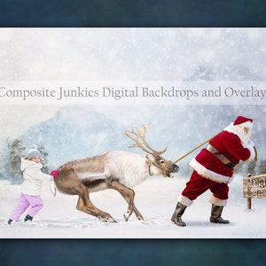 Santa pulling Reindeer Christmas Digital Background Backdrop for Photographer, Holiday Background, Composite Templates, Fun Christmas Cards