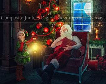 Santa Claus Sleeping Digital Backdrop - Christmas Background - Santa Sleeping - Digital Backdrops and Overlays