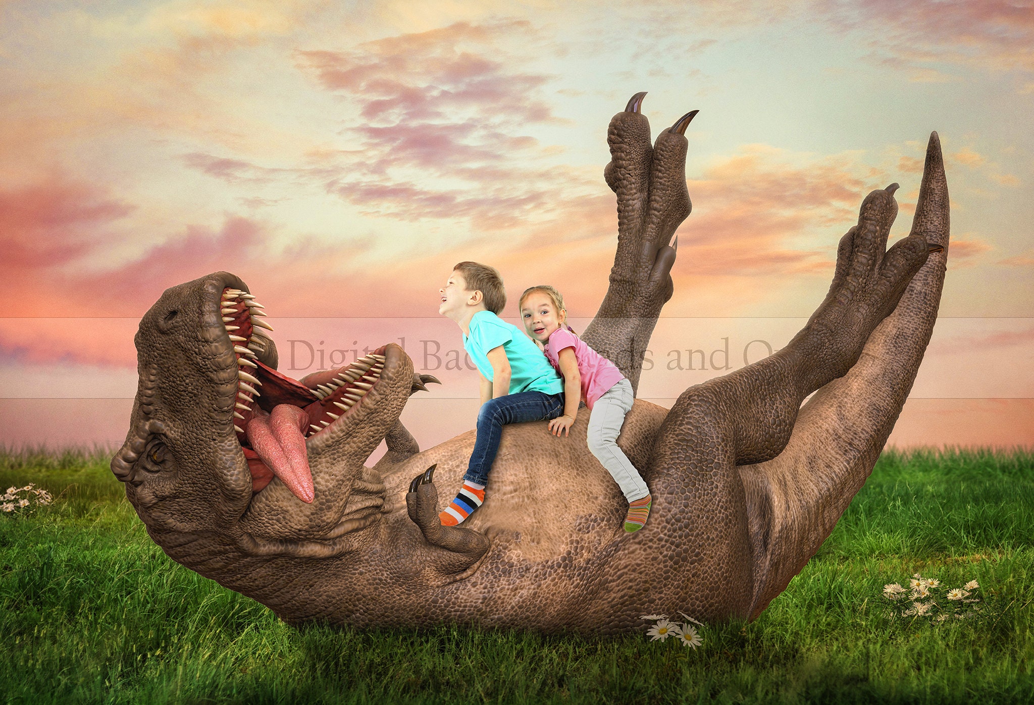 Trex tickle fight digital backdrop - dinosaur digital backdrop - dinosaur background {PREMIUM}