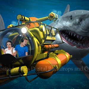 May include: Two children in a yellow submarine with a large shark swimming towards them. The submarine has a clear dome and a large orange tank on the side. The shark has a large open mouth with sharp teeth.